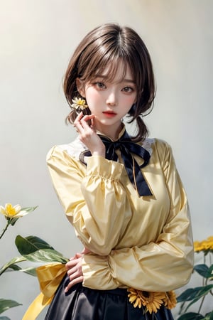 best quality, masterpiece, aesthetic, 1girl, artist name, bangs, black hair, blush, brown hair, cowboy shot, 
dated, flower, food, fruit, holding, leaf, long sleeves, looking at viewer, neck ribbon, 
plant, ribbon, short hair, signature, simple background, solo, upper body, white background, yellow flower, 
yellow ribbon, yellow shirt, yellow theme, skirt, shirt, twintails, hairband, puffy sleeves, black skirt, white flower, 
short twintails, puffy long sleeves, covered mouth, holding flower,Exquisite face,

27 year old korean girl, korean pop idol style, beautiful face