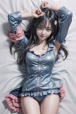 miyuki wearing blue pajamas covering all her body, long sleeve, 1girl, solo, long_hair, breasts, looking_at_viewer, blush, smile, bangs, blue_eyes, simple_background, black_hair, hair_ornament, short pants, white_background, medium_breasts,  flower, lying, frills, hair_flower, on_back, armpits, arm_up, pillow, ass_visible_through_thighs, thigh_gap, close-up, dakimakura_(medium),1 girl, ChopioMiyuki, better_hands, Shiny_skin,photo of perfecteyes eyes