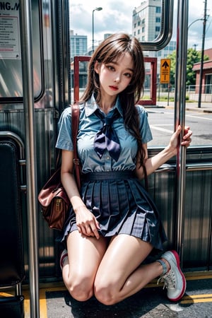 ((master piece)),((beautiful korean school girl)), 1girl,skirt ,panty hose
tight_clothes, white long hair , sneakers , sitting inside a bus,two leg, Realism,
korean 20yo girl, school girl,wide hips,
slender body, large breasts, ((skirt_lift)),cute school 1 bag,
tie, school shirt, skirt, 
seiza, one_knee, knees_together_feet_apart, kneeling, bound_knees
