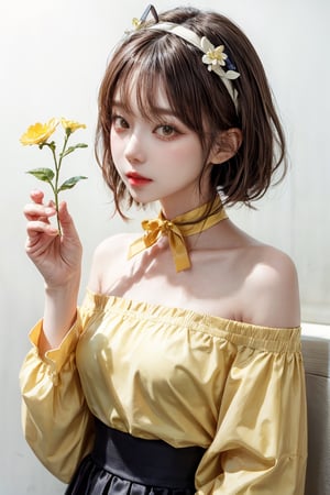 best quality, masterpiece, aesthetic, 1girl, artist name, bangs, black hair, blush, brown hair, cowboy shot, 
dated, flower, food, fruit, holding, leaf, long sleeves, looking at viewer, neck ribbon, 
plant, ribbon, short hair, signature, simple background, solo, upper body, white background, yellow flower, 
yellow ribbon, yellow shirt, yellow theme, skirt, shirt, twintails, hairband, puffy sleeves, black skirt, white flower, 
short twintails, puffy long sleeves, covered mouth, holding flower,Exquisite face,

27 year old korean girl, korean pop idol style, beautiful face, off-shoulder