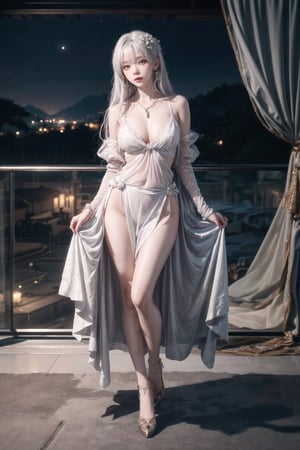 large breasts, wide hips, slender body,

20 year old korean girl, stand, standing,
luxurious bracelet and watch, high-quality necklace, high-end earrings, 
(looking at viewer seductively:1.5),

(cosplay, ultra detailed fantasy,by Alfred Robert Quinton),((2 girls)),masterpiece, best quality, looking at viewer, pantyshot, ), nsfw:1.3,( courtesy,skirt lifted by self),(jewelry,white curtain,balcony,accessories ),(a flower in her hair,blunt bangs, white hair,violet hair,very long hair, big hair, hair spread out),( petite),(, view straight-on, symmetric highly detailed eyes), ( slimy skin, shiny skin),(moonlight,landscape taken by Caanon EOS 5D Mark4 and SIGMA Art Lens 35mm F1.4 DG HSM, F1.4, ISO 100 Shutter Speed 2000,landscape by unrealengine),(extremely detailed CG:1.2),(8k wallpaper:1.2), (full body:1.3)
