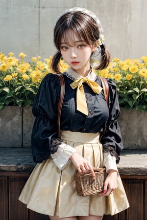 best quality, masterpiece, aesthetic, 1girl, artist name, bangs, black hair, blush, brown hair, cowboy shot, 
dated, flower, food, fruit, holding, leaf, lemon, lemon slice, long sleeves, looking at viewer, neck ribbon, 
plant, ribbon, short hair, signature, simple background, solo, upper body, white background, yellow flower, 
yellow ribbon, yellow shirt, yellow theme, skirt, shirt, twintails, hairband, puffy sleeves, black skirt, white flower, 
short twintails, puffy long sleeves, covered mouth, holding flower,Exquisite face,

27 year old korean girl, korean pop idol style, beautiful face