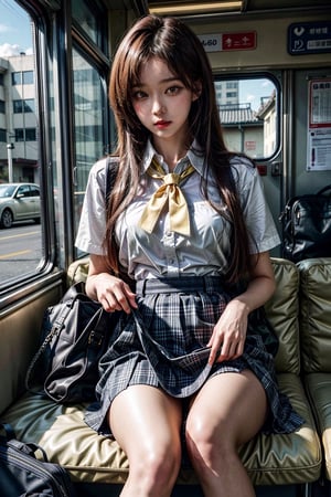 ((master piece)),((beautiful korean school girl)), 1girl,skirt ,panty hose
tight_clothes, white long hair , sneakers , sit inside a bus,two leg, Realism,
korean 20yo girl, school girl,wide hips,
slender body, large breasts, ((skirt_lift)),cute school 1 bag,skirt lift, skirt lift,
tie, yellow plaid shirt, skirt, yellow student uniform,
