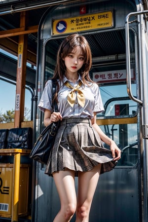 ((master piece)),((beautiful korean school girl)), 1girl,skirt ,panty hose
tight_clothes, white long hair , sneakers , stand inside a bus,two leg, Realism,
korean 20yo girl, school girl,wide hips,
slender body, large breasts, ((skirt_lift)),cute school 1 bag,skirt lift, skirt lift,
tie, yellow plaid shirt, skirt, yellow student uniform, stand, standing
