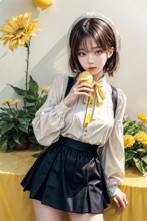 best quality, masterpiece, aesthetic, 1girl, artist name, bangs, black hair, blush, brown hair, cowboy shot, 
dated, flower, food, fruit, holding, leaf, lemon, lemon slice, long sleeves, looking at viewer, neck ribbon, 
plant, ribbon, short hair, signature, simple background, solo, upper body, white background, yellow flower, 
yellow ribbon, yellow shirt, yellow theme, skirt, shirt, twintails, hairband, puffy sleeves, black skirt, white flower, 
short twintails, puffy long sleeves, covered mouth, holding flower,Exquisite face,

27 year old korean girl, korean pop idol style, beautiful face