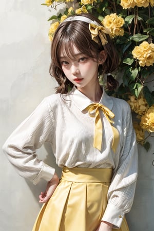 best quality, masterpiece, aesthetic, 1girl, artist name, bangs, black hair, blush, brown hair, cowboy shot, 
dated, flower, food, fruit, holding, leaf, long sleeves, looking at viewer, neck ribbon, 
plant, ribbon, short hair, signature, simple background, solo, upper body, white background, yellow flower, 
yellow ribbon, yellow shirt, yellow theme, skirt, shirt, twintails, hairband, puffy sleeves, black skirt, white flower, 
short twintails, puffy long sleeves, covered mouth, holding flower,Exquisite face,

27 year old korean girl, korean pop idol style, beautiful face, stand, standing, full body