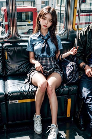 ((master piece)),((beautiful korean school girl)), 1girl,skirt ,panty hose
tight_clothes, white long hair , sneakers , sitting inside a bus,two leg, Realism,
korean 20yo girl, school girl,wide hips,
slender body, large breasts, ((skirt_lift)),cute school 1 bag,skirt lift, skirt lift,
tie, yellow plaid shirt, skirt, 
knees_together_feet_apart, sitting, sit
