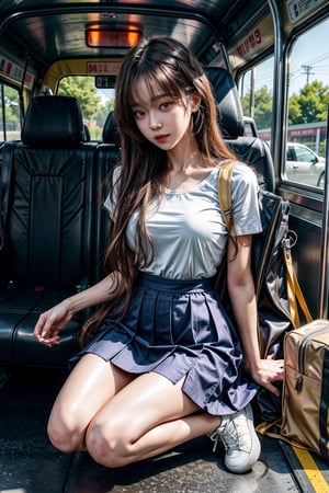 ((master piece)),((beautiful korean school girl)), 1girl,skirt ,panty hose
tight_clothes, white long hair , sneakers , sitting inside a bus,two leg, Realism,
korean 20yo girl, school girl,wide hips,
slender body, large breasts, ((skirt_lift)),cute school 1 bag,
tie, school yellow shirt, skirt, 
seiza, one_knee, knees_together_feet_apart, kneeling, bound_knees, sitting, sit
