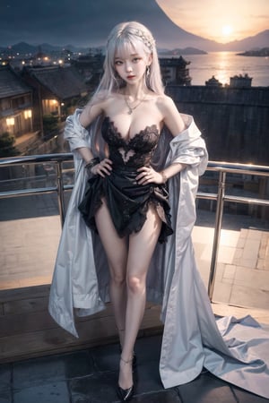 large breasts, wide hips, slender body,

20 year old korean girl, stand, standing,
luxurious bracelet and watch, high-quality necklace, high-end earrings, 
(looking at viewer seductively:1.5),

(cosplay, ultra detailed fantasy,by Alfred Robert Quinton),((2 girls)),masterpiece, best quality, looking at viewer, pantyshot, ), nsfw:1.3,( courtesy,skirt lifted by self),(jewelry,white curtain,balcony,accessories ),(a flower in her hair,blunt bangs, white hair,violet hair,very long hair, big hair, hair spread out),( petite),(, view straight-on, symmetric highly detailed eyes), ( slimy skin, shiny skin),(moonlight,landscape taken by Caanon EOS 5D Mark4 and SIGMA Art Lens 35mm F1.4 DG HSM, F1.4, ISO 100 Shutter Speed 2000,landscape by unrealengine),(extremely detailed CG:1.2),(8k wallpaper:1.2), (full body:1.3)