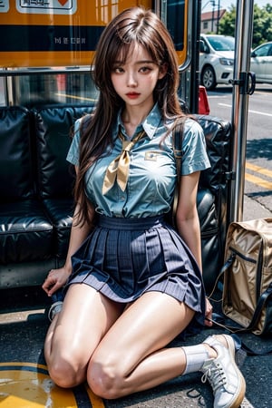 ((master piece)),((beautiful korean school girl)), 1girl,skirt ,panty hose
tight_clothes, white long hair , sneakers , sitting inside a bus,two leg, Realism,
korean 20yo girl, school girl,wide hips,
slender body, large breasts, ((skirt_lift)),cute school 1 bag,
tie, school yellow shirt, skirt, 
seiza, one_knee, knees_together_feet_apart, kneeling, bound_knees, sitting, sit
