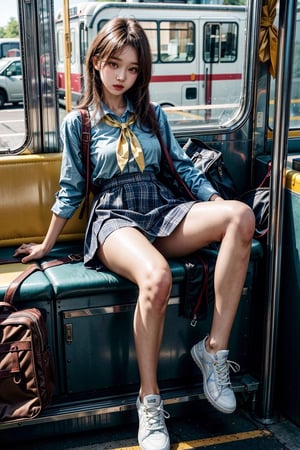 ((master piece)),((beautiful korean school girl)), 1girl,skirt ,panty hose
tight_clothes, white long hair , sneakers , sit inside a bus,two leg, Realism,
korean 20yo girl, school girl,wide hips,
slender body, large breasts, ((skirt_lift)),cute school 1 bag,skirt lift, skirt lift,
tie, yellow plaid shirt, skirt, yellow student uniform,
