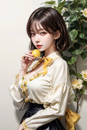 best quality, masterpiece, aesthetic, 1girl, artist name, bangs, black hair, blush, brown hair, cowboy shot, 
dated, flower, food, fruit, holding, leaf, long sleeves, looking at viewer, neck ribbon, 
plant, ribbon, short hair, signature, simple background, solo, upper body, white background, yellow flower, 
yellow ribbon, yellow shirt, yellow theme, skirt, shirt, twintails, hairband, puffy sleeves, black skirt, white flower, 
short twintails, puffy long sleeves, covered mouth, holding flower,Exquisite face,

27 year old korean girl, korean pop idol style, beautiful face, cleavage