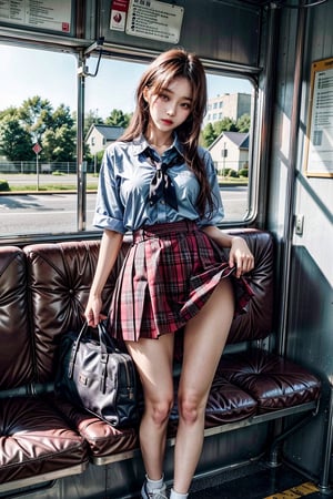 ((master piece)),((beautiful korean school girl)), 1girl,skirt ,panty hose
tight_clothes, white long hair , sneakers , sitting inside a bus,two leg, Realism,
korean 20yo girl, school girl,wide hips,
slender body, large breasts, ((skirt_lift)),cute school 1 bag,skirt lift, skirt lift,
tie, red plaid shirt, skirt, red student uniform,
knees_together_feet_apart, stand, standing
