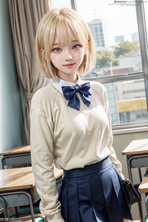 (masterpiece, best quality:1.2),
1girl,
(title:1.3),
(dynamic pose:0.5),
(magazine cover:1.3),
look at viewer,
(thigh:0.8),
(solo:1.5),
(stand:1.4),


20 year old korean girl, korean pop idol style, beautiful face,
eft_shikimori_yellow,  bow, smile, 
(blonde hair:1.4), 
window, bowtie, looking at viewer, short hair, blue bow, upper body, yellow eyes, sweater, shirt, school uniform, long sleeves, bangs, blue bowtie, white shirt, indoors, blunt bangs, aqua bow, classroom, orange eyes, collared shirt,  
bob cut, skirt,eft_shikimori_yellow