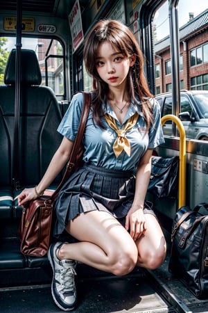 ((master piece)),((beautiful korean school girl)), 1girl,skirt ,panty hose
tight_clothes, white long hair , sneakers , sitting inside a bus,two leg, Realism,
korean 20yo girl, school girl,wide hips,
slender body, large breasts, ((skirt_lift)),cute school 1 bag,
tie, school yellow shirt, skirt, 
seiza, one_knee, knees_together_feet_apart, kneeling, bound_knees, sitting, sit
