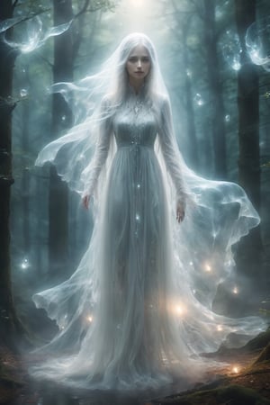 (masterpiece, best quality:1.4), (extremely detailed, 8k, uhd), fantasy art, natural lighting, ultra highres, dark yet benevolent forest setting, mysterious lighting, (transparent, ethereal, benevolent:1.2), (sharp focus:1.3), 1character, the Gentle Ghost, a transparent and kind female spirit, brunette, cute, (transparent:2.3), veil, veil on face, gentle, peacefully haunting a dark yet benevolent forest, (gentle posture, serene expression:1.2), (detailed features, ethereal presence:1.6), (soft and kind eyes, calming gaze:1.3), (surrounded by the subtle glow of fireflies and other ghostly elements:1.2), (floating stance:1.3), (soft moonlight filtering through the trees:1.6), (flowing, ethereal garments:1.3), intricate details, (depth of field, tranquil atmosphere), nighttime, enchanting forest, detailed background, fantasy art, hyper-detailed,ghost person,ice and water