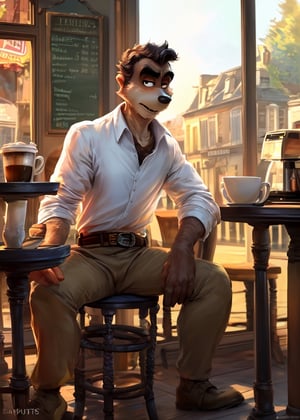 (Bypbap , Cutesexyrobutts),(((mr\(the bad guys\)))), human face, wolf body, (sitting, three-quarter front view, three-quarter portrait, white shirt, brown belt, khaki pants:1.3),(france coffee shop:1.25), (window, morning, inside),BREAK,(detailed background, depth of field, half body shadow, sunlight, ambient light on the body),masterpiece, best quality, 4k, 2k, (intricate:0.9), (high detail, shaded, realistic:1.25), absurd res
