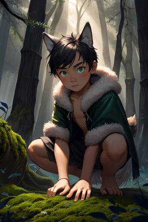 (masterpiece, best quality:1.4), (extremely detailed, 8k, uhd), fantasy art, natural lighting, ultra highres, atmospheric forest setting, mysterious lighting, (wild, feral, ambiguous:1.2), (sharp focus, from front:1.3), 1boy, called the Wild Child, (human child:2.1), 10 years olds, like Donkey Skin but with a wolf-skin, a mysterious human child figure with tousled hair, clad in tattered clothing and adorned with a wolf pelt, (wolf pelt:1.5), wolf tail, wolf skin coat, uncertain demeanor, (fantastical, enigmatic, untamed:1.2), (detailed features, wolf-like characteristics:1.3), (expressive eyes, mysterious gaze, unreadable:1.3), in a crouched position with hands touching the ground, surrounded by the ancient trees of the enchanted forest, a hint of moonlight filtering through the foliage, conveying an aura of mystery, (feral stance:0.5), (forest floor, leaves, moss, and magical glow:1.6), (neutral expression, neither good nor evil), intricate details, (depth of field, ethereal atmosphere), nighttime, enchanting artwork, detailed background, fantasy realism, hyper-detailed,best quality