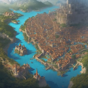 Intricately drawn map of a medieval city, ultra resolution, ultra definition, ultra saturation, ultra contrast, photography, ultra sharpness, ultra detailed, ultra realism with different biomes faded color coordinated, blue square grid lines, vivid colored legible mage towers, castle's, garrisons, harbors, villages, towns, outer space, vanishing point, super highway, high speed, digital render, digital painting, beeple, noah bradley, cyril roland, ross tran, trending on artstation