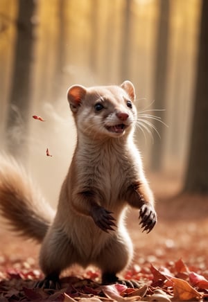 a weasel, blowing autumn leaves, in autumn cherry forest, smoke, sandstorm, flying leaves, dust explosion, wind, motion blur, realistic, shot on a RED digital cinematic camera, Sigma 85mm f/1.4