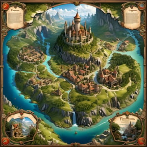 fantasy realm large-scale map in style of Gerard Mercator, several town, 1 castle, european era settlements, mix of different regions like winter and cold forest, swamp, roads, deserts and cave system, large statue and temple, old map, multiple routes visible, style of Gerard Mercator, daniels maps style, Filippo vanzo style, Francesca baerald style, rounded corners, trending on artstation, intricate details, highly detailed, masterpiece, vivid colors, highly detailed, masterpiece, trending on artstation, concept art,2d game scene,Visual Anime,more detail XL