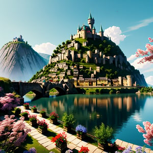 medieval fantasy city, many houses, view of the river and hills, scenery, reflection, medieval city, castle at the top of a hill, ((fantasy medieval city: 1.2)), ((stunning_image: 1.2)),Nature,Anime 