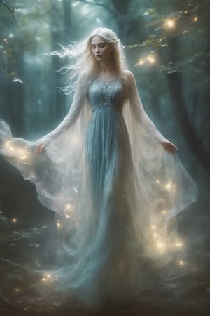 (masterpiece, best quality:1.4), (extremely detailed, 8k, uhd), fantasy art, natural lighting, ultra highres, dark yet benevolent forest setting, mysterious lighting, (transparent, ethereal, benevolent:1.2), (sharp focus:1.3), 1character, the Gentle Ghost, a transparent and kind female spirit, (transparent:1.5), veil, gentle, peacefully haunting a dark yet benevolent forest, (gentle posture, serene expression:1.2), (detailed features, ethereal presence:1.6), (soft and kind eyes, calming gaze:1.3), (surrounded by the subtle glow of fireflies and other ghostly elements:1.2), (floating stance:0.7), (soft moonlight filtering through the trees:1.6), (flowing, ethereal garments:1.3), intricate details, (depth of field, tranquil atmosphere), nighttime, enchanting artwork, detailed background, fantasy realism, hyper-detailed,ice and water