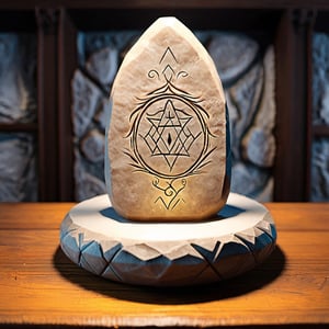 masterpiece, best quality, ultra quality, create magic wolf runestone, aestethic, minimalistic, simple, majestic, shop background, levitating above a table in the shop