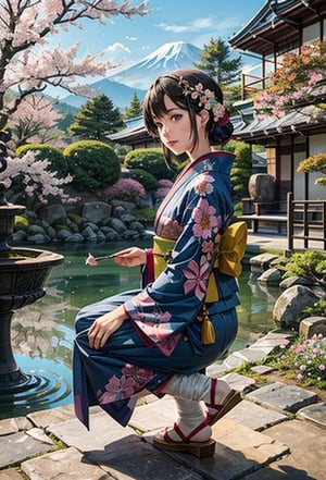 (masterpiece, best quality:1.4), (intricate, 8k, uhd), (realistic), (sharp focus), (extremely detailed), Ghibli,Miyazaki, anime, edo period, natural lighting, from front, full body,

A Japanese peasant woman, gracefully situated in the picturesque landscapes of that era. 32 years old, (smile:0.6), her black hair impeccably styled, adorned with traditional hair accessories, reflecting the cultural nuances of the time. She wears a meticulously crafted kimono, a symbol of both modesty and sophistication. The character's deep brown eyes exude a sense of cultural pride and resilience. Authentic features capture the beauty and grace of Edo period life.

Surrounded by meticulously tended gardens, traditional tea houses, and the distant silhouette of Mount Fuji. the sky is a clear blue. The style is inspired by Studio Ghibli's Hayao Miyazaki.

The character may be engaged in a traditional task such as tending to a tea ceremony, arranging flowers, or strolling along a tranquil pathway. The soft sunlight filters through the branches of cherry blossom trees, casting a subtle glow over the scene.
