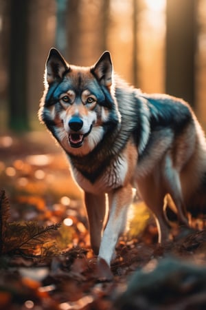 (masterpiece, best quality:1.4), (extremely detailed, 8k, uhd), cinematic shot, natural lighting, ultra highres, vibrant rich colors, (beautiful, aesthetic, perfect, delicate, intricate:1.2), (sharp focus), full shot, full body from side, 1 (animal fusion between a dog and a wolf), happy_face, smiling_face, very expressive eyes, expressive face, want to play, forest background, intricate details, (depth of field, bokeh), daytime, award winning photography, detailed background, volumetric fx, photorealism, hyper-detailed