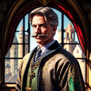 1 man, A dashing mayor, charming, 50 years old, gray hair, charismatic pose, realistic photograph, royal portrait, moustache, inspired by classic fairy tales, regal features, medieval mayor attire, keys of the tow, elegant details, a backdrop of a grand palace interior, warm enchanting, see a castle through the window