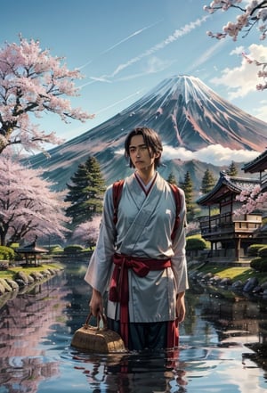 (masterpiece, best quality:1.4), (intricate, 8k, uhd), (realistic), (sharp focus), (extremely detailed), Ghibli,Miyazaki, anime, edo period, natural lighting, from front, full body,

A Japanese peasant man, situated in the picturesque landscapes of that era. (man:1.5), (viril:1.9), boy, (30 years old:1.3), (stoic expression:0.7), his black hair impeccably styled, reflecting the cultural nuances of the time. He wears a meticulously crafted traditional male attire, embodying both simplicity and elegance. The character's deep brown eyes exude a sense of cultural pride and resilience.Authentic features capture the strength and dignity of Edo period life.

Surrounded by meticulously tended gardens, traditional tea houses, and the distant silhouette of Mount Fuji. the sky is a clear blue. The style is inspired by Studio Ghibli's Hayao Miyazaki.

The character may be engaged in a traditional task such as working in the rice fields, taking care of animals, or strolling along a tranquil pathway. The soft sunlight filters through the branches of cherry blossom trees, casting a subtle glow over the scene.
