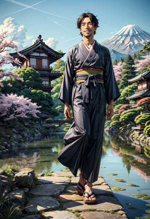 (masterpiece, best quality:1.4), (intricate, 8k, uhd), (realistic), (sharp focus), (extremely detailed), Ghibli,Miyazaki, anime, edo period, natural lighting, from front, full body,

(1 character:1.2). A Japanese peasant man, situated in the picturesque landscapes of that era. (man:1.5), (viril:1.9), 35 years old:1.3, (smile:1.2), black hair, black kimono. asian, japanese, Authentic features capture the strength and dignity of Edo period life.

Surrounded by meticulously tended gardens, traditional tea houses, and the distant silhouette of Mount Fuji. the sky is a clear blue. The style is inspired by Studio Ghibli's Hayao Miyazaki.

The character walk along a tranquil pathway. spring season
