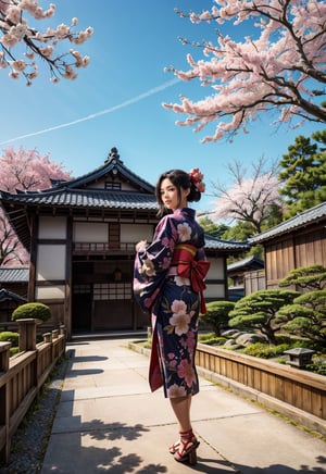 (masterpiece, best quality:1.4), (intricate, 8k, uhd), (realistic), (sharp focus), (extremely detailed), Ghibli,Miyazaki, anime, edo period, natural lighting, from front, full body,

A Japanese peasant woman, gracefully situated in the picturesque landscapes of that era. 32 years old, (smile:0.6), her black hair impeccably styled, adorned with traditional hair accessories, reflecting the cultural nuances of the time. She wears a meticulously crafted kimono, a symbol of both modesty and sophistication. The character's deep brown eyes exude a sense of cultural pride and resilience. Authentic features capture the beauty and grace of Edo period life.

Surrounded by meticulously tended gardens, traditional tea houses, and the distant silhouette of Mount Fuji. the sky is a clear blue. The style is inspired by Studio Ghibli's Hayao Miyazaki.

The character may be engaged in a traditional task such as tending to a tea ceremony, arranging flowers, or strolling along a tranquil pathway. The soft sunlight filters through the branches of cherry blossom trees, casting a subtle glow over the scene.
