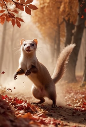 a weasel, blowing autumn leaves, in autumn cherry forest, smoke, sandstorm, flying leaves, dust explosion, wind, motion blur, realistic, shot on a RED digital cinematic camera, Sigma 85mm f/1.4