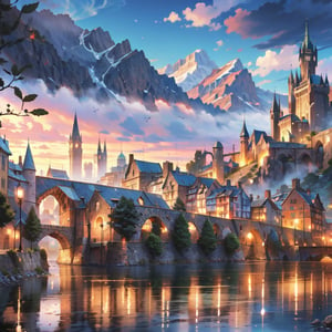 medieval fantasy city built over hills, view of the river and mountains, scenery, reflection, medieval city, ((fantasy medieval city: 1.2)), ((stunning_image: 1.2))