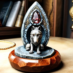 masterpiece, best quality, ultra quality, gem shop with a table in the center. there is a magic wolf runestone levitating above a table, (wolf runestone:1.2), aestethic,Spirit wolf Pendant