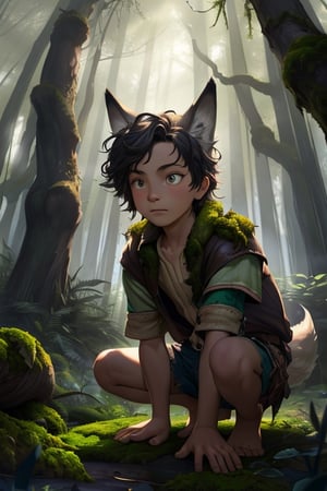 (masterpiece, best quality:1.4), (extremely detailed, 8k, uhd), fantasy art, natural lighting, ultra highres, atmospheric forest setting, mysterious lighting, (wild, feral, ambiguous:1.2), (sharp focus, from front:1.3), 1boy, called the Wild Child, (human child:2.1), (10 years olds:1.5), like Donkey Skin but with a wolf-skin, a mysterious human child figure, tousled hair, (clad in tattered clothing:1.2), (adorned with a wolf pelt:1), wolf tail, uncertain demeanor, (fantastical, enigmatic, untamed:1.2), (detailed features, wolf-like characteristics:1.3), (expressive eyes, mysterious gaze, unreadable:1.3), in a crouched position, only 1 hand touching the ground, surrounded by the ancient trees of the enchanted forest, a hint of moonlight filtering through the foliage, conveying an aura of mystery, (feral stance:0.5), (forest floor, leaves, moss, and magical glow:1.6), (neutral expression, neither good nor evil), intricate details, (depth of field, ethereal atmosphere), nighttime, enchanting artwork, detailed background, fantasy realism, hyper-detailed,best quality