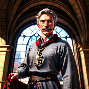 1 man, A dashing mayor, charming, 50 years old, gray hair, charismatic pose, realistic photograph, royal portrait, moustache, inspired by classic fairy tales, regal features, medieval mayor attire, keys of the tow, elegant details, a backdrop of a grand palace interior, warm enchanting, see a castle through the window