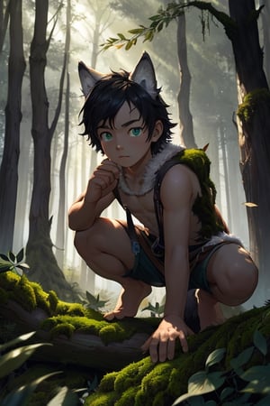 (masterpiece, best quality:1.4), (extremely detailed, 8k, uhd), fantasy art, natural lighting, ultra highres, atmospheric forest setting, mysterious lighting, (wild, feral, ambiguous:1.2), (sharp focus, from front:1.3), 1boy, called the Wild Child, (human child:2.1), 10 years olds, like Donkey Skin but with a wolf-skin, a mysterious human child figure with tousled hair, clad in tattered clothing and adorned with a wolf pelt, (wolf pelt:1.5), uncertain demeanor, (fantastical, enigmatic, untamed:1.2), (detailed features, wolf-like characteristics:1.3), (expressive eyes, mysterious gaze, unreadable:1.3), sin a crouched position with hands touching the ground, urrounded by the ancient trees of the enchanted forest, a hint of moonlight filtering through the foliage, conveying an aura of mystery, (feral stance:0.5), (forest floor, leaves, moss, and magical glow:1.6), (neutral expression, neither good nor evil), intricate details, (depth of field, ethereal atmosphere), nighttime, enchanting artwork, detailed background, fantasy realism, hyper-detailed,best quality