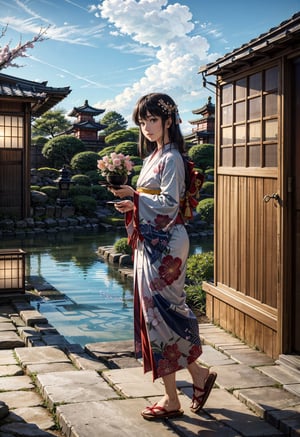 (masterpiece, best quality:1.4), (intricate, 8k, uhd), (realistic), (sharp focus), (extremely detailed), Ghibli,Miyazaki, anime, edo period, natural lighting, from front, full body,

A Japanese peasant woman, gracefully situated in the picturesque landscapes of that era. 32 years old, (smile:0.6), her black hair impeccably styled, adorned with traditional hair accessories, reflecting the cultural nuances of the time. She wears a meticulously crafted kimono, a symbol of both modesty and sophistication. The character's deep brown eyes exude a sense of cultural pride and resilience. Authentic features capture the beauty and grace of Edo period life.

Surrounded by meticulously tended gardens, traditional tea houses, and the distant silhouette of Mount Fuji. the sky is a clear blue. The style is inspired by Studio Ghibli's Hayao Miyazaki.

The character may be engaged in a traditional task such as tending to a tea ceremony, arranging flowers, or strolling along a tranquil pathway. The soft sunlight filters through the branches of cherry blossom trees, casting a subtle glow over the scene.
