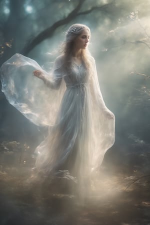 (masterpiece, best quality:1.4), (extremely detailed, 8k, uhd), fantasy art, natural lighting, ultra highres, dark yet benevolent forest setting, mysterious lighting, (transparent, ethereal, benevolent:1.2), (sharp focus:1.3), 1character, the Gentle Ghost, a transparent and kind female spirit, brunette, cute, (transparent:2.3), veil, (veil on face:1.3), gentle, peacefully haunting a dark yet benevolent forest, (gentle posture, serene expression:1.2), (detailed features, ethereal presence:1.8), (soft and kind eyes, stare into space:1.3), (surrounded by the subtle glow of fireflies and other ghostly elements:1.8), (floating stance:1.5), (soft moonlight filtering through the trees:1.6), (flowing, ethereal garments:1.3), intricate details, (depth of field, tranquil atmosphere), nighttime, enchanting forest, detailed background, fantasy art, hyper-detailed,ice and water