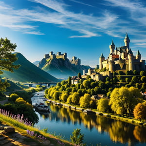 medieval fantasy city built over hills, view of the river and mountains, scenery, reflection, medieval city, castle at the top ((fantasy medieval city: 1.2)), ((stunning_image: 1.2))