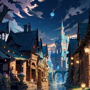 medieval fantasy city, many houses, scenery, reflection, medieval city, castle at the top of a hill, mountains behind, ((fantasy medieval city: 1.2)), ((stunning_image: 1.2)),Nature,Anime ,disney pixar style