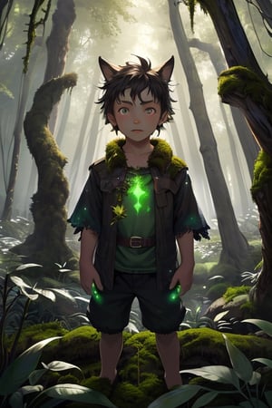 (masterpiece, best quality:1.4), (extremely detailed, 8k, uhd), fantasy art, natural lighting, ultra highres, atmospheric forest setting, mysterious lighting, (wild, feral, ambiguous:1.2), (sharp focus, from front:1.3), 1boy, called the Wild Child, (human child:2.1), 10 years olds, like Donkey Skin but with a wolf-skin, a mysterious human child figure with tousled hair, clad in tattered clothing and adorned with a wolf pelt, uncertain demeanor, (fantastical, enigmatic, untamed:1.2), (detailed features, wolf-like characteristics:1.3), (expressive eyes, mysterious gaze, unreadable:1.3), surrounded by the ancient trees of the enchanted forest, a hint of moonlight filtering through the foliage, conveying an aura of mystery, (feral stance:0.5), (forest floor, leaves, moss, and magical glow:1.6), (neutral expression, neither good nor evil), intricate details, (depth of field, ethereal atmosphere), nighttime, enchanting artwork, detailed background, fantasy realism, hyper-detailed,best quality
