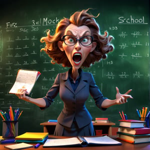 a severe wicked woman teacher on a 3D background with dynamic lighting, vibrant colors, and HDR effects. fury, she brandished a ruler in her hand, there are notebooks on the table, the board is full of formulas, Classroom background with lot of school details, lot of school thing on the desk