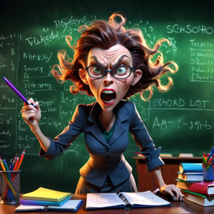 a severe wicked woman teacher on a 3D background with dynamic lighting, vibrant colors, and HDR effects. fury, she brandished a pen in her hand, there are notebooks on the table, the board is full of formulas, Classroom background with lot of school details, lot of school thing on the desk