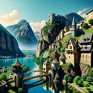 medieval fantasy city built over hills, view of the river and mountains, scenery, reflection, medieval city, castle at the top ((fantasy medieval city: 1.2)), ((stunning_image: 1.2)),Nature,Anime 