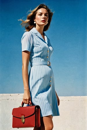 (((Iconic extremely beautiful)))
(((The image depicts a woman against a solid blue sky. Her attire and pose suggest a mid-20th-century fashion influence, while the use of color and shadowing techniques give it a modern, stylized feel,She is holding a small vintage red briefcase with both hands in front of her, wearing a short light blue dress with white horizontal stripes from the 60's)))
(((Beautiful Gorgeous,
voluptuous))) 
((( minimalist blue colors gradient backgroun)))
(((wista perfil)))
(((masterpiece,minimalist,hyperrealistic,photorealistic))) 
(((By Annie Leibovitz style,by Wes Anderson style)))