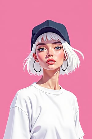  Minimalist vector art illustration of a woman with short white hair, rough digital brush strokes, wearing large hoop earrings and a baseball cap. Extremely overexposed, extremely bright on deep pink background. She is dressed in white shirt. Speed painting low poly sketch. The background color is a flat, pure Klein Blue, with a minimalist, clean, and bright lighting style. This is a simplistic sketch, sharply focused portrait sketch with cinematic studio lighting, resulting in a masterpiece of the highest quality.




